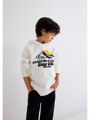 Adventure Is Callıng Baskılı Kapüşonlu Beyaz Erkek Sweatshirt M6S10077-70057