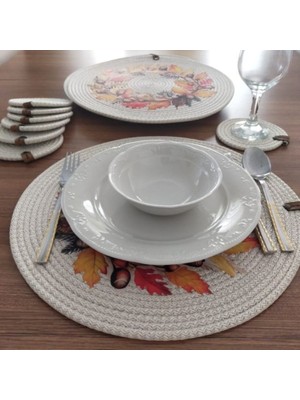 Krem 6 Kişilik 12 Parça Amerikan Servis, Hasır Supla Takımı, Tabak ve Bardak Altlığı Seti, Yılbaşı