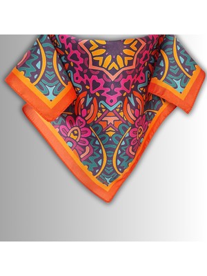 Pozitif Marka Turuncu Fular Bandana Ipeksi Twill Saten Kumaş Çok Renkli Mandala Desenli