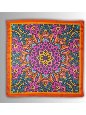 Pozitif Marka Turuncu Fular Bandana Ipeksi Twill Saten Kumaş Çok Renkli Mandala Desenli