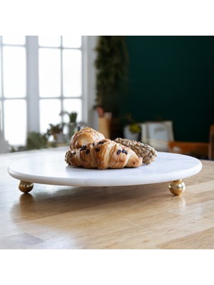 Akayev  Mermer Beyaz 30 cm Altın Boncuk Ayaklı Yuvarlak Sunumluk