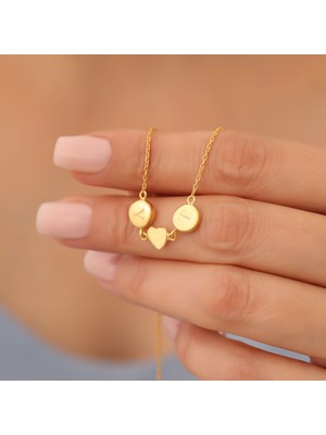 Nox Jewelry 14 Ayar Altın Mikron Kaplama Çift Harf ve Kalp Detaylı Gümüş Kolye – Kişiye Özel Minimal Tasarım- CN00375