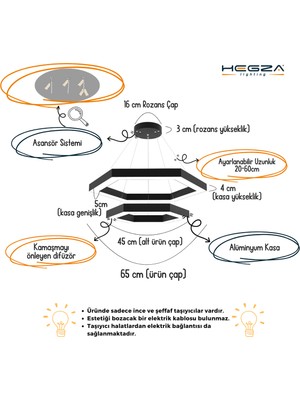 Hexagon Piramit ( Siyah Kasa, Sarı Işık ) Ledli Modern Sarkıt LED Avize