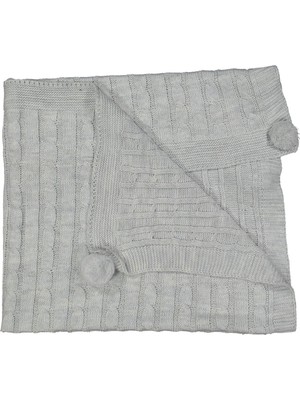 Bebegen Unisex Bebek Gri Aralıklı Örgülü Desenli Ponponlu Triko Battaniye 80X90