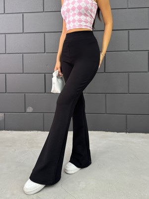 Warasiva Kadın Siyah Ispanyol Paça Krep Yüksek Bel Likralı Toparlayıcı Tayt Pantolon