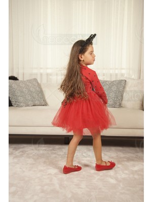 Kız Bebek-Çocuk Uzun Kollu Doğum Günü ve Özel Günler Için Kalpli Tüllü Astarlı Pamuklu Elbise