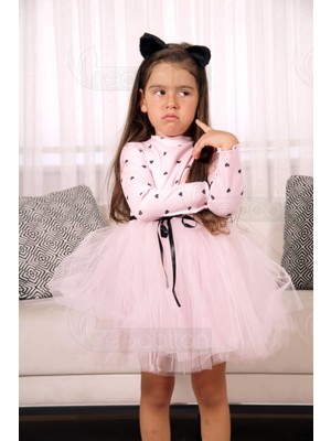 Kız Bebek-Çocuk Uzun Kollu Doğum Günü ve Özel Günler Için Kalpli Tüllü Astarlı Pamuklu Elbise