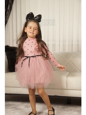 Kız Bebek-Çocuk Uzun Kollu Doğum Günü ve Özel Günler Için Kalpli Tüllü Astarlı Pamuklu Elbise