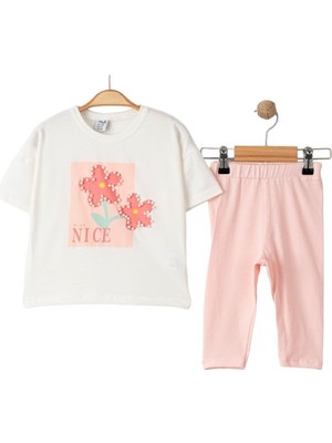 Bebegen Kız Çocuk Beyaz Çiçekli Incili Tişörtlü Pudra Taytlı 2'li Takım