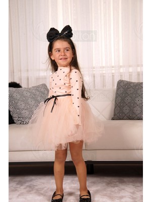 Kız Bebek-Çocuk Uzun Kollu Doğum Günü ve Özel Günler Için Kalpli Tüllü Astarlı Pamuklu Elbise