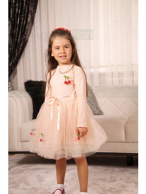 Tüllü Astarlı Pamuklu  Esnek Kirazlı  Kız Bebek Çoçuk Elbise