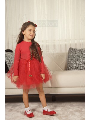 Tüllü Astarlı Pamuklu  Esnek Kirazlı  Kız Bebek Çoçuk Elbise