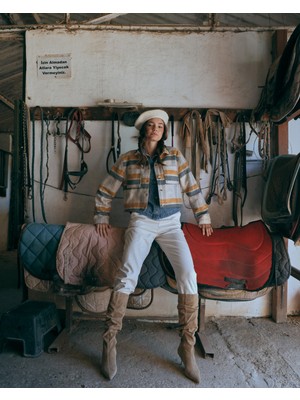 Kadın Crop Ekose Hardal Gömlek Ceket