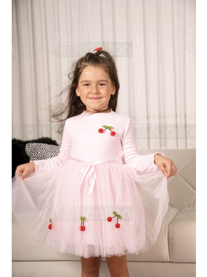 Tüllü Astarlı Pamuklu  Esnek Kirazlı  Kız Bebek Çoçuk Elbise