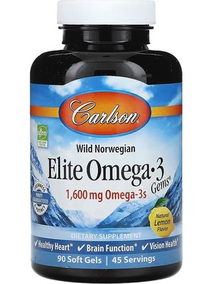 Carlson Wild Norwegian Elite Omega-3 Gems Natural Lemon 1,600 Mg 90 Soft Gels