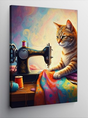 Tablomega Kanvas Tablo Dikiş Makinesi Kullanırken Kedi