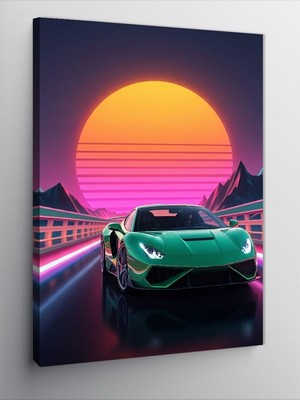 Tablomega Kanvas Tablo Neon Araba ve Gün Batımı