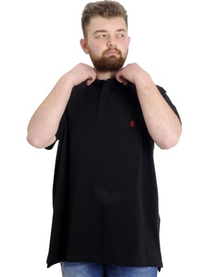 ModeXL Büyük Beden Erkek T-Shirt Hakim Yaka Siyah %97 Pamuk Oversize Standart Kol