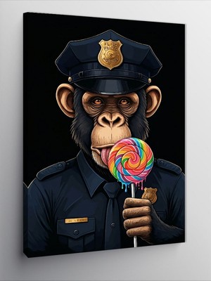 Tablomega Kanvas Tablo Lolipop Yiyen Polis Maymun