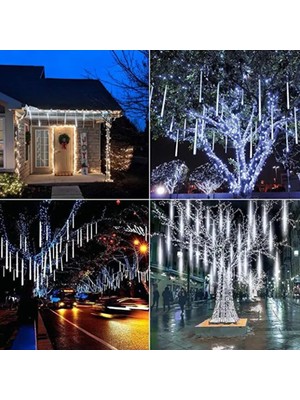 Güneş Enerjili Beyaz 8 Tüplü Bahçe-Noel Ağacı-Yılbaşı Dekor Süsleme Peri Meteor Işıkları Dış Mekan LED