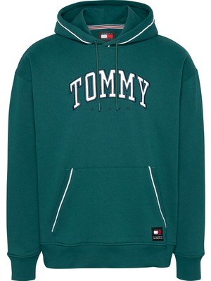 Tommy Jeans Kapüşon Yaka Yeşil Erkek Sweatshırt DM0DM19760CWG Rlx Varsıty Pıppıng