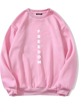 Softway Oversize Bisiklet Yaka Basic Freedom Baskılı Sweatshirt - Pembe