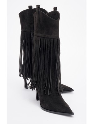 Luvi Gueras Siyah Süet Kadın Topuklu Çizme İnce Topuk ve Püsküllü Şık Tasarım
