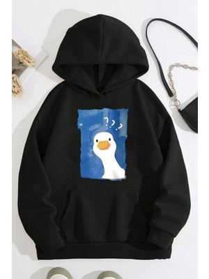 Uygun Tarz Meraklı Ördek Baskılı Oversize Sweatshirt