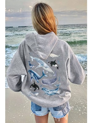 Uygun Tarz Whales Baskılı Oversize Sweatshirt