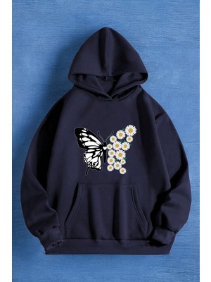 Papatya Kelebek Baskılı Oversize Sweatshirt