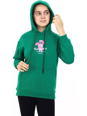 Kız Çocuk Tavşan Baskılı Kapüşonlu Sweatshirt PX872.7