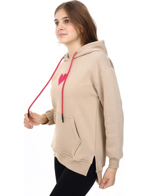 Kız Çocuk Kalp Baskılı Kapüşonlu Sweatshirt PX092.2