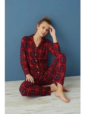 Alpotekno Kışlık Boy Düğmeli Ekoseli Süet Kumaş Kadın Pijama Takımı