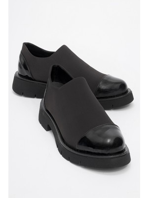 Luvi Kadın Panola Siyah Rugan Scuba Ayakkabı Düz Taban Konforlu Tasarım