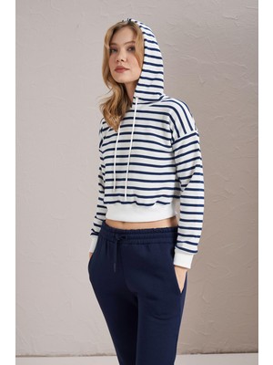 Tena Kadın Indigo Çzigili Üç Iplik Şardonsuz Kapüşonlu Crop Sweatshirt