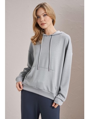 Tena Kadın Gri Modal Kumaş Kapüşonlu Kanguru Cepli Sweatshirt