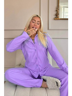 Pijama Evi Mavi Düz Önden Düğmeli Peluş Polar Pijama Takımı