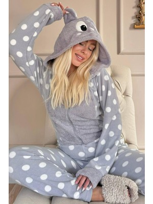 Pijama Evi Gri Puan Desenli Kadın Polar Peluş Tulum Pijama