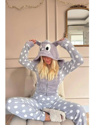 Pijama Evi Gri Puan Desenli Kadın Polar Peluş Tulum Pijama