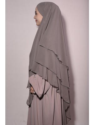 Hazır Bağlama Üç Katlı Uzun Şifon Hac Umre Şalı Sufle Khimar Hijab Füme