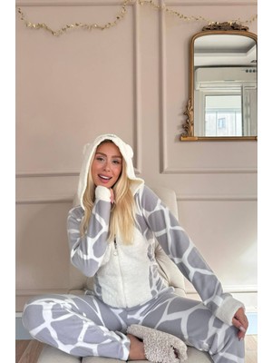 Pijama Evi Gri Dalmaçyalı Desenli Polar Peluş Tulum Kadın Pijama