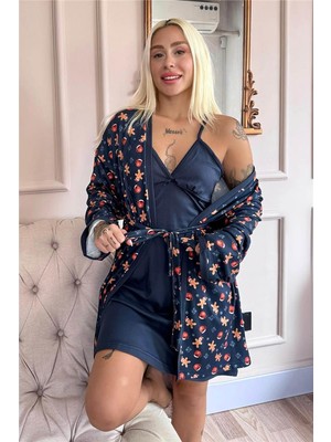 Lacivert Cookie Desenli Termal Gecelik Sabahlıklı Kadın Pijama Takımı