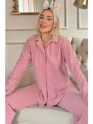 Pijama Evi Pembe Düz Önden Düğmeli Peluş Polar Pijama Takımı