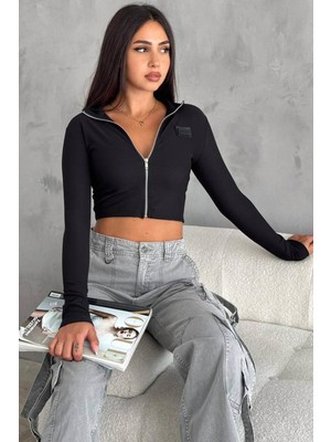 Tena Kadın Siyah Fashion Armalı Fermuarlı Crop Bluz