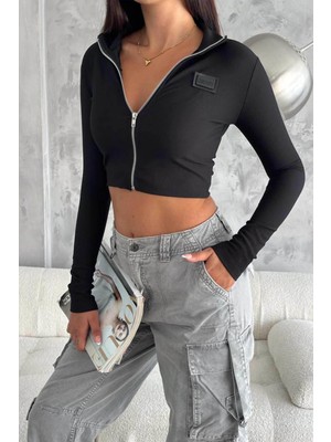 Tena Kadın Siyah Fashion Armalı Fermuarlı Crop Bluz