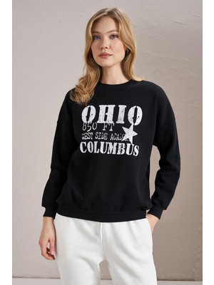 Tena Kadın Siyah Bisiklet Yaka Ohio Baskılı Üç Iplik Sweatshirt