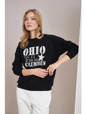 Tena Kadın Siyah Bisiklet Yaka Ohio Baskılı Üç Iplik Sweatshirt