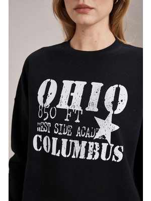 Tena Kadın Siyah Bisiklet Yaka Ohio Baskılı Üç Iplik Sweatshirt