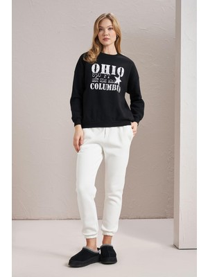 Tena Kadın Siyah Bisiklet Yaka Ohio Baskılı Üç Iplik Sweatshirt