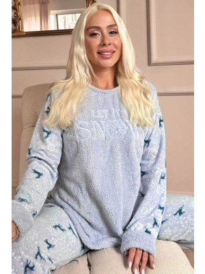 Pijama Evi Mavi Let It Snow Desenli Kadın Peluş Pijama Takımı